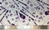 Flat swatch cartoon ski equipment printed fabric in purple (white fabric with tossed purple cartoon ski gear goggles, hats, skis, snowboards, boots, snowflakes, etc. all in purple)