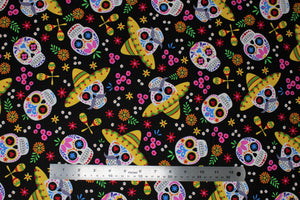 Group swatch The Day of the Dead themed fabrics in various colours/styles