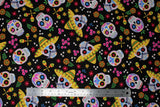 Flat swatch Skull Sombrero Black fabric (black fabric with tossed brightly coloured sugar skull heads, some in sombreros with tossed floral and maracas in various colours)