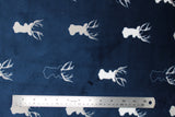 Flat swatch antlers fabric (dark blue fabric with white deer head and antler silhouettes and outlines in white)