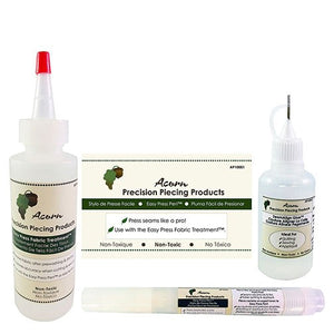 Easy Precision Piecing Kit on white background - Easy Press Fabric Treatment, Easy Press Pen, & 1oz Seam Align Glue