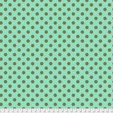 Swatch of pom pom (dots) printed fabric in agave (light blue/green)