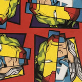 Square swatch Marvel themed fabric (4 heads into 1 Captain America, Captain Marvel, Iron Man and Hulk creating one face tossed on red)