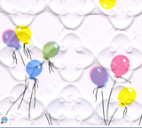 Colourful balloons printed on white quatrefoil-quilted vinyl