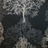 Square swatch bare forest trees and silhouettes printed upholstery fabric (black fabric with white and silver/grey trees)