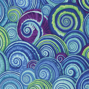 Group swatch multi-coloured spiral shells printed fabric in various colours