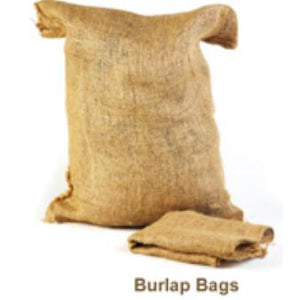 A filled burlap bag sits against a white background.  An empty, folded burlap bag lies in front of it, with the words "Burlap Bags" below them.