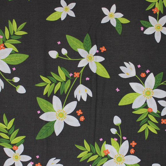 Square swatch grove fabric (black fabric with medium sized white pointy floral heads with green leaves and stems tossed allover with tiny red and pink floral heads tossed)