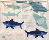 Full panel swatch - Pillows Panel (38" x 45") (instructional panel to create 4 pillows: teal shark, large blue shark, blue sting ray, shark tooth)