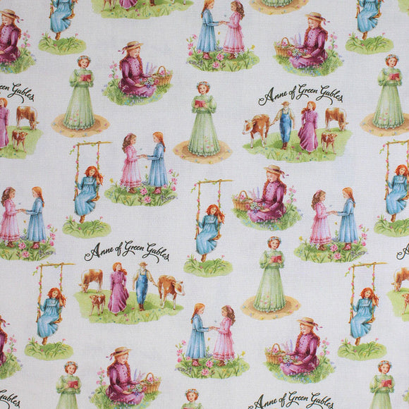 Square swatch Anne of Green Gables printed fabric (white fabric with repeated characters on grass patches: Anne in grass, Anne on swing, Anne and friend, Teacher, Anne and farm boy, 