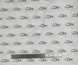 Flat swatch Multi fabric (white fabric with tossed show title and logo allover in rainbow colours)