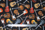 Flat swatch tossed acoustic guitars (black fabric with tossed and overlapping acoustic guitars in various styles/designs)