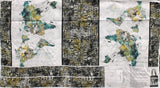 Full panel swatch journey themed fabric in journey bag panel (24" x 45") (white/grey marbled bag with blue/green/yellow watercolour style map and black bottom/top/straps with travel keywords "Explore" "Cultures" etc)