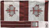 Full panel swatch Eco Bag Panel (46" x 25") (red and black buffalo check straps and top/bottom stripe of bag, grey knit look base with large maple leaf filled with grey/red plaid)