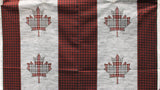 Full panel swatch Placemats Panel (46" x 25") (Canada flag look placemats with grey knit for background, red/black buffalo check for side panels, and grey/red plain maple leaf in center)