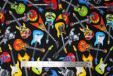 Flat swatch tossed electric guitars fabric (black fabric with tossed/overlapping electric guitars in various styles and designs, brightly coloured guitars allover)