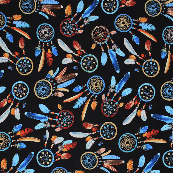 Square swatch southwest dreamcatchers fabric (black fabric with tossed medium sizes dreamcatchers in southwest style colours blue, maroon, natural, beige, etc.)