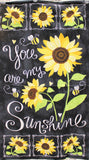 Full panel swatch - You Are My Sunshine Panel - 24" x 45" (black marbled look panel with large "You are my sunshine" text and illustrative style sunflowers and bees with 6 square framed sunflowers on top and bottom)
