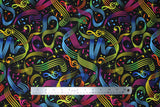 Flat swatch music notes fabric (black fabric with tossed music notes, clefs, and swoopy staff lines in rainbow colours)