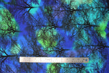 Flat swatch blue/green trees (blue and green marbled look fabric with large repeated black tree silhouettes allover)