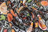 Swirled swatch morning latte fabric (black fabric with tossed coffee-related text allover "fresh brew" "morning joe" etc. and tossed top view coffee mugs and saucers, pumpkins, leaves, etc. fall themed coffee print)