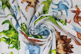 Swirled swatch Dino World White fabric (white fabric with illustrative look dinosaurs in full colour: green, brown, and blue varying types with black text labels)