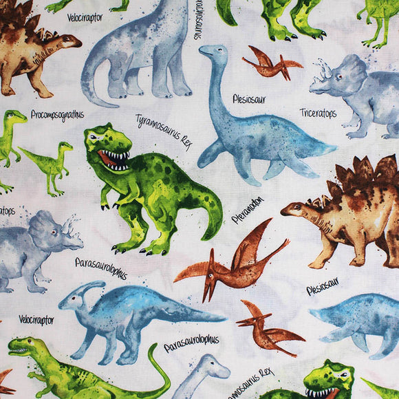 Square swatch Dino World White fabric (white fabric with illustrative look dinosaurs in full colour: green, brown, and blue varying types with black text labels)