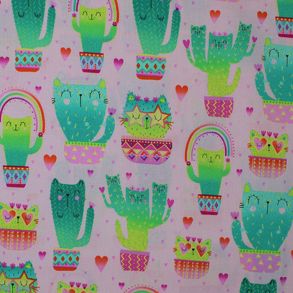 Square swatch kitty cactus fabric (baby pink fabric with lines of green kitty shaped cacti with closed-eye faces in pink/teal decorative pots, tossed red and pink hearts)
