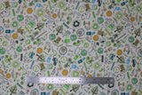 Flat swatch go green fabric (white fabric with small tossed drawn look emblems allover related to recycling and earth day, etc. yellow suns, green recycling symbols, green cars, small planets, etc.)