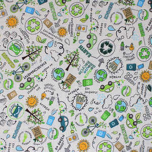 Square swatch go green fabric (white fabric with small tossed drawn look emblems allover related to recycling and earth day, etc. yellow suns, green recycling symbols, green cars, small planets, etc.)