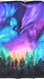 Full panel swatch Polar Lights Panel (45" x 23") (rectangular panel with dark tree silhouettes along bottom and bright sky with polar/northern lights lit up in purple, blue, green, orange)
