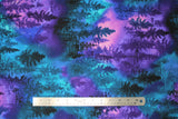 Flat swatch purple/teal trees fabric (purple and teal marbled look fabric with repeated clusters of dark tree silhouettes)