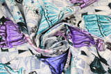 Swirled swatch Victorian Skeletons Dancing fabric (white fabric with grey sketch style victorian home interior, with fancy skeletons in party attire: suits and dresses in purple, green, pink with spider webs, chandeliers, etc.)