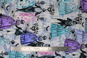Square swatch Victorian Skeletons Dancing fabric (white fabric with grey sketch style victorian home interior, with fancy skeletons in party attire: suits and dresses in purple, green, pink with spider webs, chandeliers, etc.)
