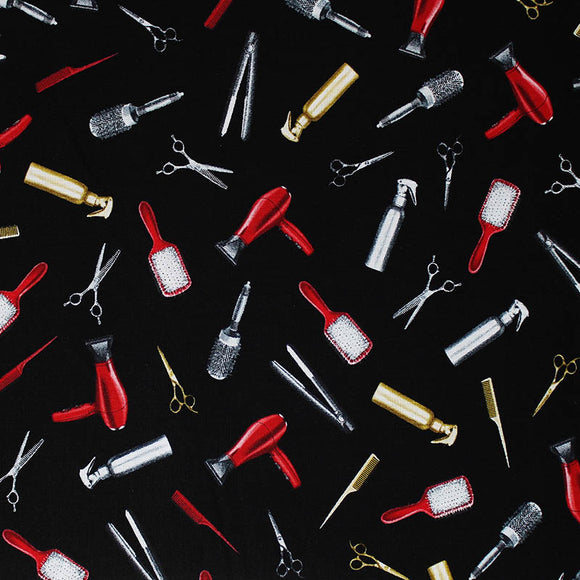 Square swatch Tossed Hair Tools fabric (black fabric with tossed drawn style hair tools in full colour: silver scissors, silver straighteners, silver round brushes, red brushes, red blow dryers, gold spray bottles, gold combs, gold scissors, etc.)