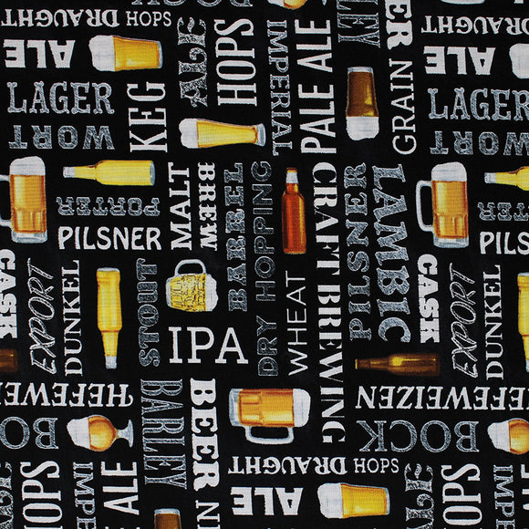 Square swatch Grab Me A Beer fabric (black fabric with horizontal and vertical text allover in white with beer related words 