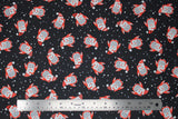 Flat swatch snowy owls fabric (black fabric with small tossed cartoon owls in grey and red allover with red fabric santa hats on in various fabrics and tossed snowflakes)