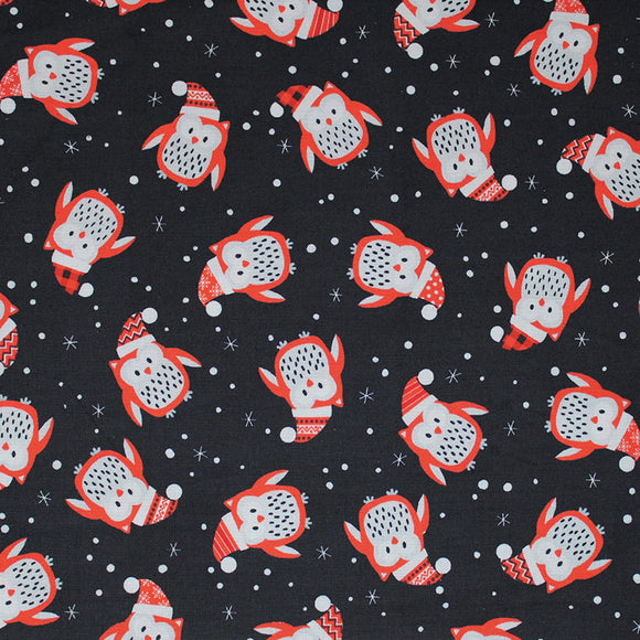 Square swatch snowy owls fabric (black fabric with small tossed cartoon owls in grey and red allover with red fabric santa hats on in various fabrics and tossed snowflakes)