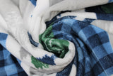 Swirled swatch cabin quilt navy fabric (quilt squares look fabric with cabin themed squares, moose, pinecones, bears, trees etc. in white, grey, green and blue colourway)