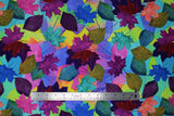 Flat swatch Bright Painted Leaves fabric (bright coloured leaf collage allover in bright and pastel rainbow shades)