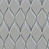 Upholstery swatch featuring a light silver ogee line pattern with a dark grey offset shadow over a mid-silver background
