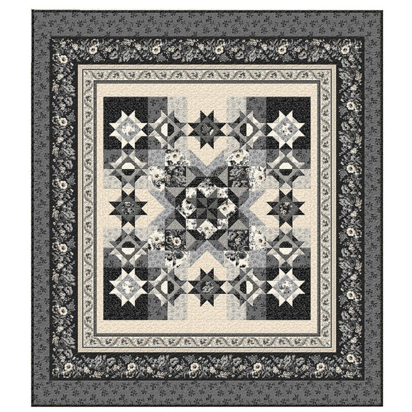 Full swatch completed Twin Quilt DIY (Blackwood Cottage) white/grey/black floral quilt