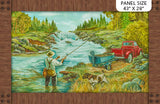 Full swatch fishing themed fabric in fishing panel (man and dog fishing in nature, red truck with canoe on back parked)