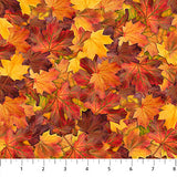 Square swatch autumn themed printed fabric in Autumn Leaves (layered orange, yellow, and red leaves)