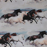 Square swatch border style (pattern in lines) fabric with white/grey/brown/black horses galloping through white clouds with sunset sky poking through slightly