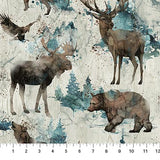 Swatch of beige wildlife fabric (light beige/grey wood grain look fabric with tossed moose, deer, eagles, wolves, bears in brown and tossed watercolour look trees in teal)