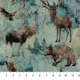 Swatch of teal wildlife fabric (grey/teal wood grain look fabric with tossed moose, deer, eagles, wolves, bears in brown and tossed watercolour look trees in teal)