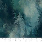 Swatch of teal pine trees fabric (teal marbled look fabric with tree silhouettes in various teal shades)