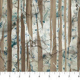 Swatch of brown birch trees fabric (white fabric with abstract shape brown birch trees and blue flecks)