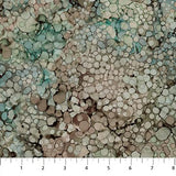 Swatch of celadon raindrops fabric (grey, green, brown water droplet look circles collaged)
